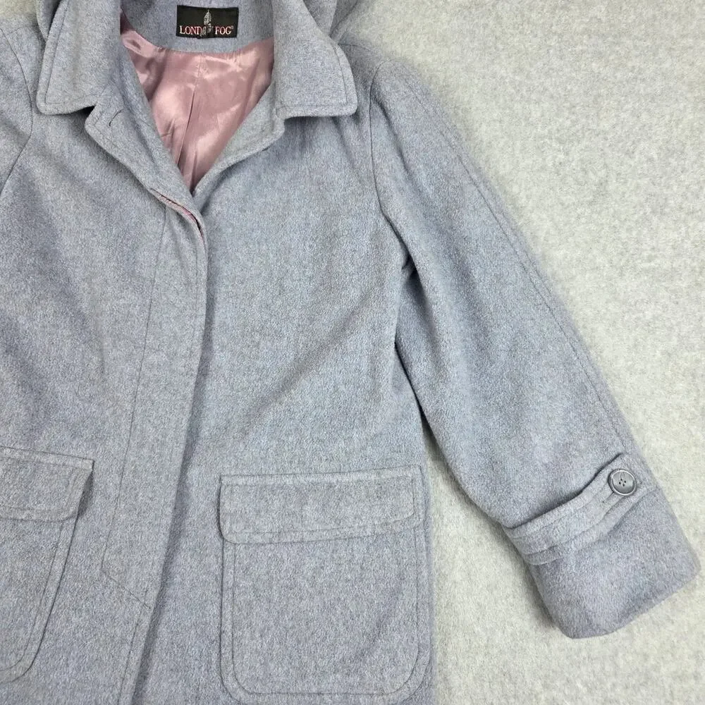 London Fog Size 10 Blue-Gray Wool Button Down Car Coat Detachable Hood